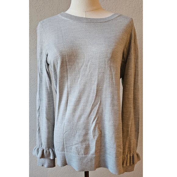 Banana Republic 100% Merino Wool Sweater Ruffle Cuffs Pullover Gray Women Medium - Picture 1 of 4
